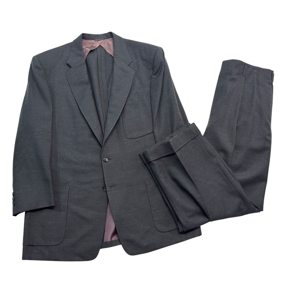 vtg 50s Charcoal Slubbed 44S 36x29 Hollywood 2pc Pant Suit Wool High Waisted USA